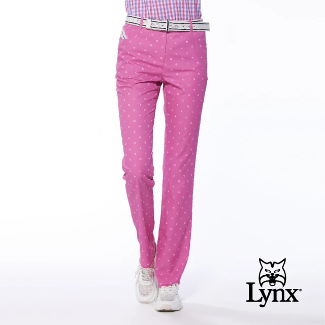 Lynx Golf【Lynx Golf】女款吸濕排汗彈性布料滿版Lynx字樣口袋配色織帶設計窄管長褲(桃紅色)