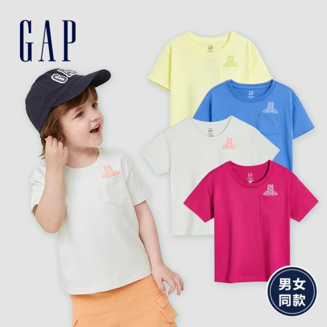 GAP【GAP】幼童裝 厚磅密織系列 Logo小熊印花短袖T恤 男女同款(858563-米白色)