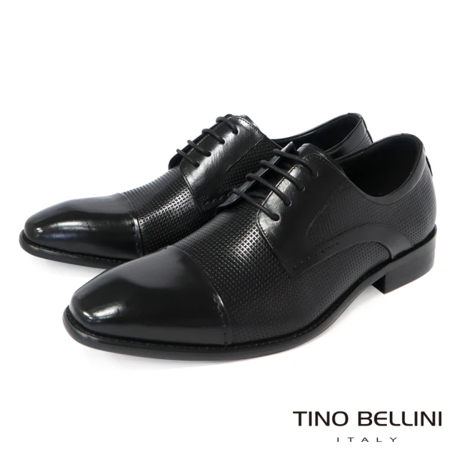 【TINO BELLINI 貝里尼】男款 獨特細格壓紋拼接牛皮紳士鞋HM2T0017(黑)