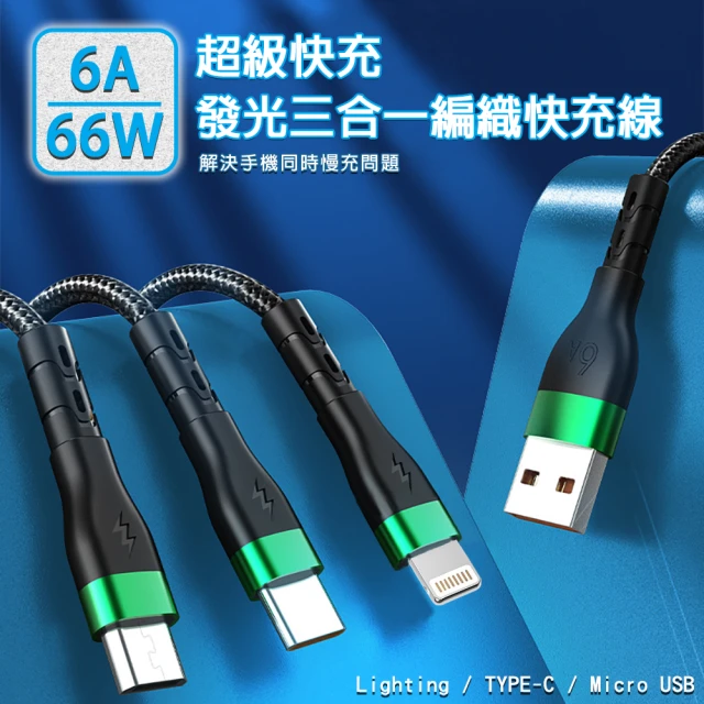 6A超級快充66W發光三合一編織快充線(Lighting /TYPE-C/ Micro USB)