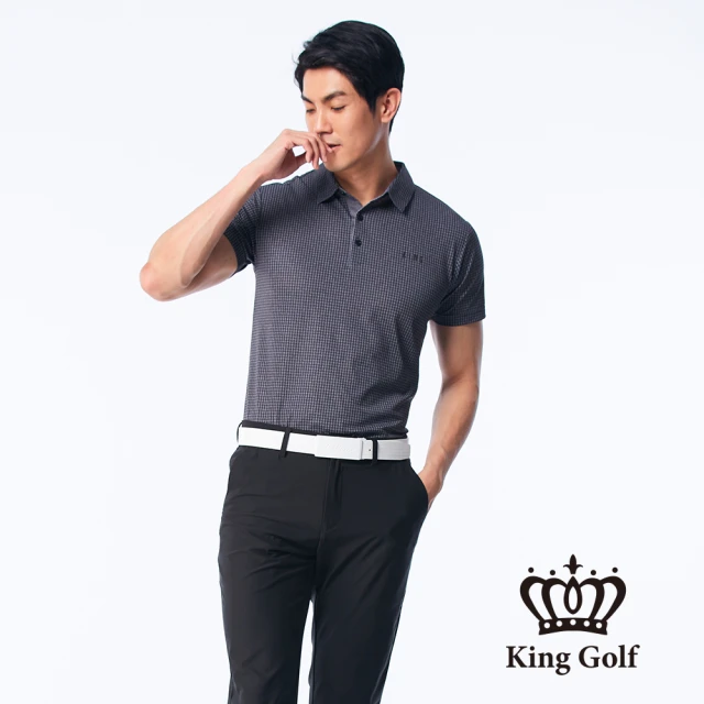 KING GOLF【KING GOLF】男款細格紋印花涼感短袖POLO衫/高爾夫球衫(深灰)