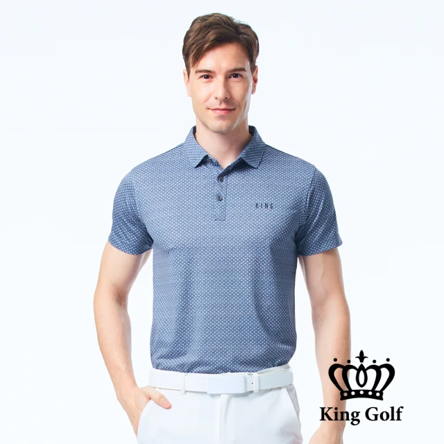 【KING GOLF】男款滿版水玉點點印花涼感短袖POLO衫/高爾夫球衫(丈青)