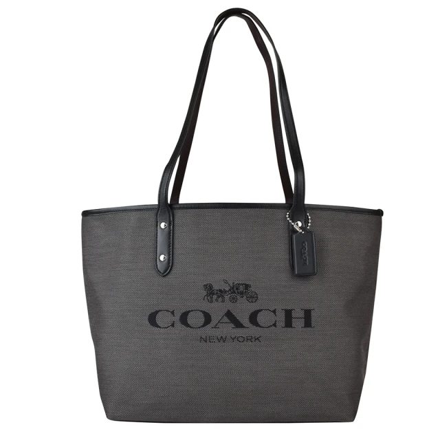 COACH【COACH】COACH專櫃款CITY字母馬車LOGO緹花布拉鏈肩背托特包(黑)