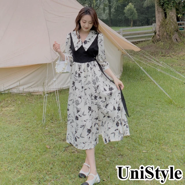 UniStyle【UniStyle】韓系假兩件式印花顯瘦顯高五分袖連身洋裝 女 ZM323-X331(黑白)