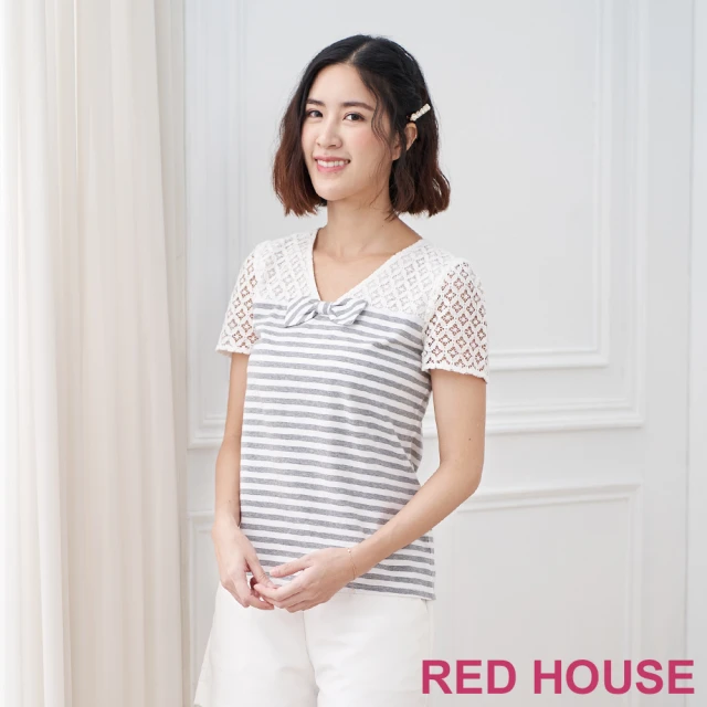 【RED HOUSE 蕾赫斯】蕾絲剪接V領條紋TEE(灰色)