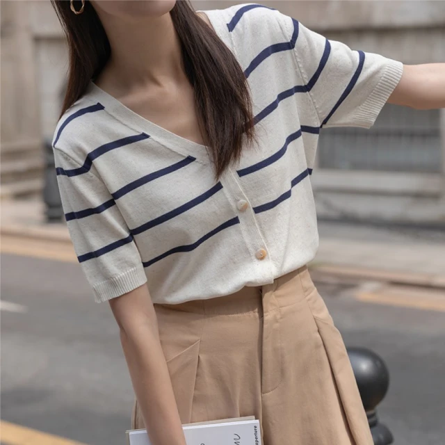 【WYPEX】V領條紋針織上衣女 短袖條紋針織衫(2色)