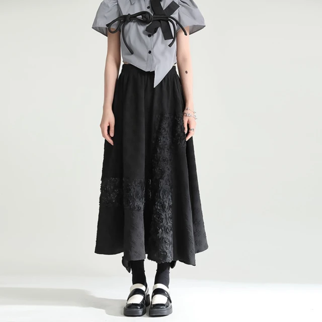 CLORI【CLORI】玩美衣櫃個性黑色立體花拼接設計感半身裙-F