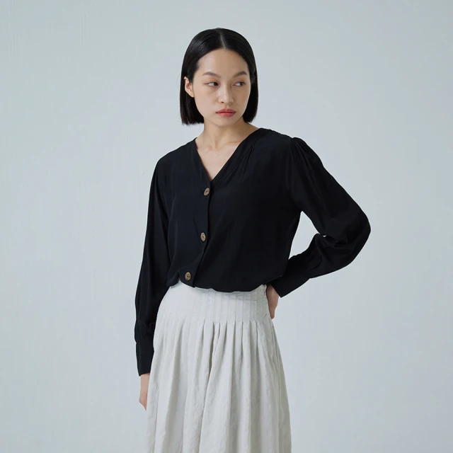 【giordano ladies】22SS_絲質感V領上衣(黑色)