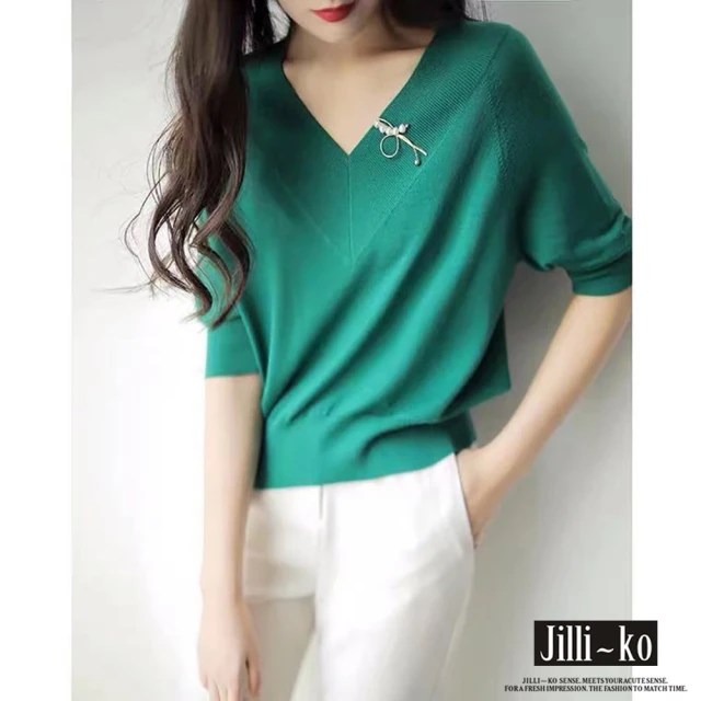 【JILLI-KO】V領氣質休閒百搭針織衫-F(綠/卡)