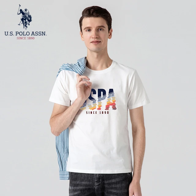 【U.S. POLO ASSN.】男款圓領印字T(白色)