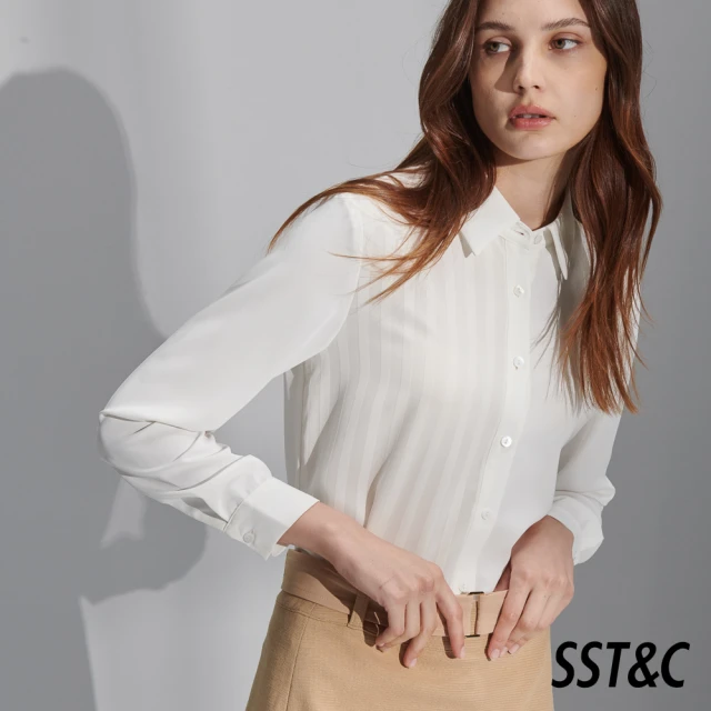 【SST&C 季中折扣】白色襯衫領條紋拼接上衣7662206001