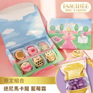 【菲斯尼】豪華典藏禮盒六顆裝 隨機口味+迷尼馬卡龍 藍莓霜(手作 手工 法式 馬卡龍 休閒 零食 甜點 蛋糕)