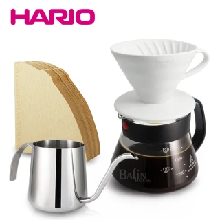 【HARIO】2人份 V60陶瓷濾杯濾紙+台玻 玻璃咖啡壺(附贈 不鏽鋼細口壺)