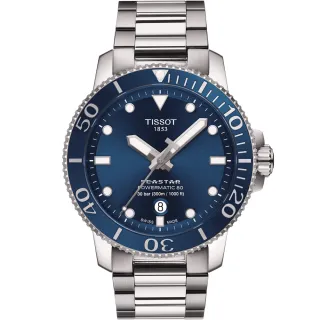 【TISSOT 天梭】官方授權 Seastar 1000 海洋之星300米潛水機械錶-藍/43mm(T1204071104103)