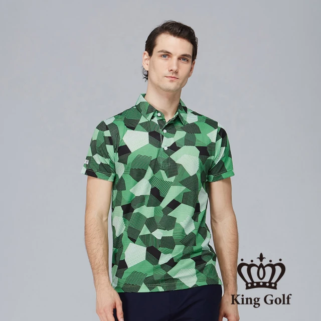 【KING GOLF】男款數位幾何條紋迷彩POLO衫/高爾夫球衫(綠色)
