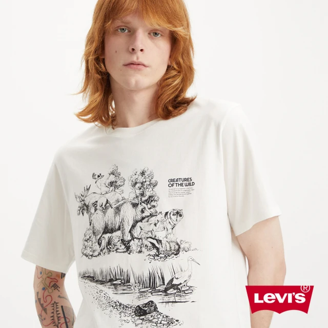 LEVIS【LEVIS】男款 短袖T恤 / 北美森林素描風印花 / 寬鬆休閒版型 白-人氣新品