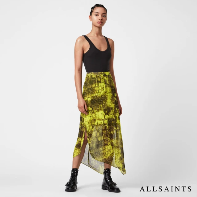 【ALLSAINTS】RHEA 亮色透膚不對稱開岔印花中長裙(常規版型)