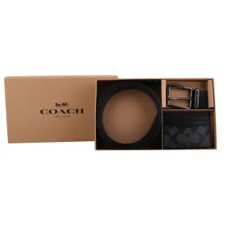 【COACH】防刮LOGO穿式皮帶+名片夾禮盒組(黑灰/42吋)