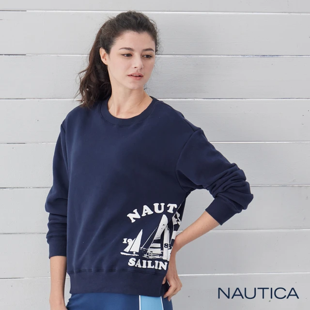 NAUTICA【NAUTICA】女裝帆船圖騰長袖大學T恤(深藍)