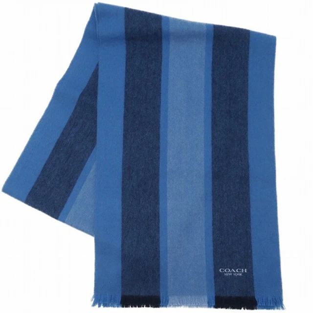 【COACH】藍X灰條紋混喀什米爾羊毛圍巾