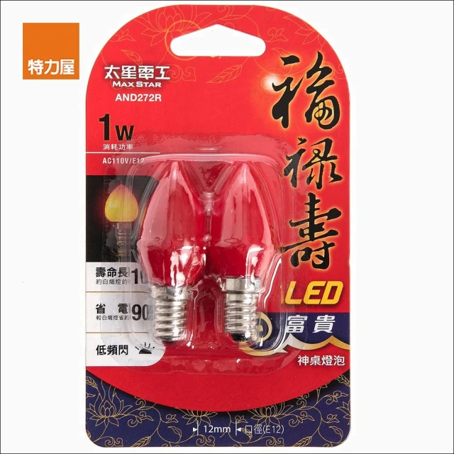 【特力屋】福祿壽LED富貴神桌燈泡 1W E12型 紅光 2入組 型號AND272R