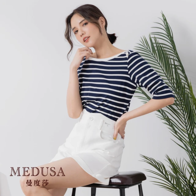 【MEDUSA 曼度莎】海軍藍橫紋船領棉Tee（M-XL）｜女裝 上衣 T恤(801-94701)