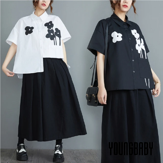 【YOUNGBABY】造型優雅花朵大口袋寬鬆襯衫(共2色)