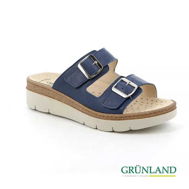 【GRUNLAND】義大利手工真皮吸濕透氣厚底休閒涼拖鞋 牛仔藍(義大利進口健康舒適鞋)