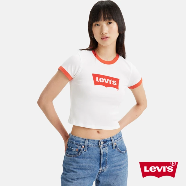 【LEVIS】女款 復古滾邊短版T恤 / 修身版型 / 經典Logo 復古橘-人氣新品