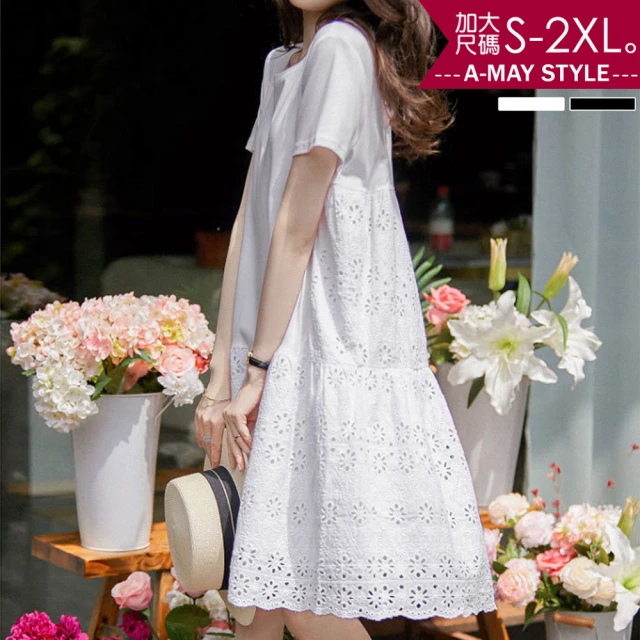 【Amay Style 艾美時尚】女裝 連身裙 優雅拼接蕾絲鏤空洋裝。中大尺碼S-2XL(2色.預購)