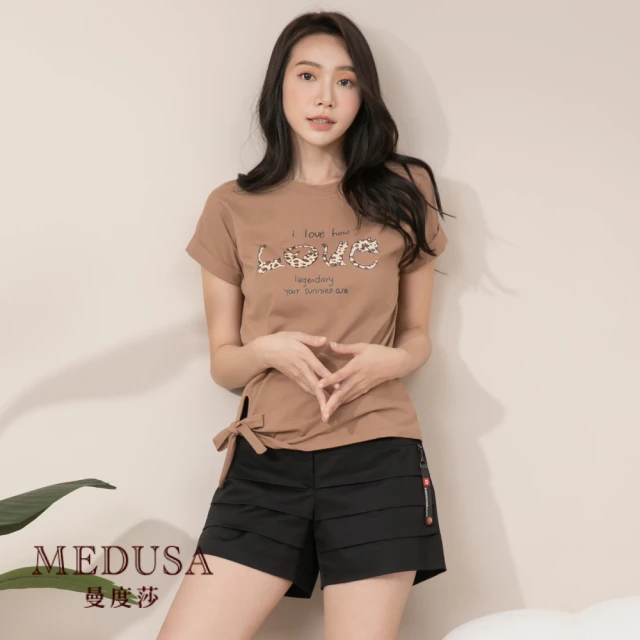 MEDUSA 曼度莎【MEDUSA 曼度莎】豹紋LOVE綁結純棉Tee（M-2L）｜女裝 上衣 T恤 加大尺碼(801-99401)