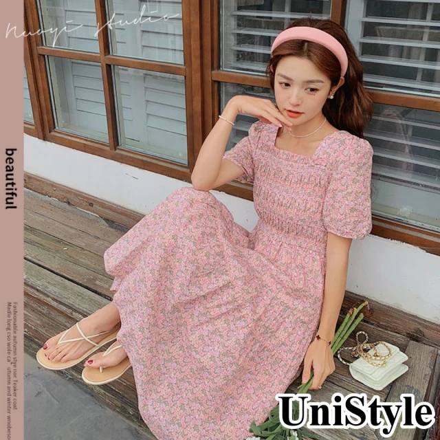 UniStyle【UniStyle】韓系甜美茶歇風方領修身顯瘦碎花短袖連身洋裝 女 ZM235-K18(圖片色)