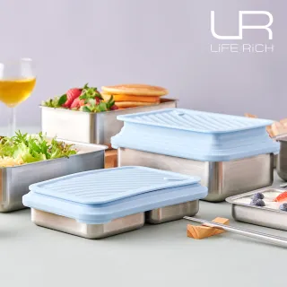 【LiFE RiCH】Double Box 可微波不鏽鋼便當盒+伸縮上蓋共二個+餐具組+托特包(五色可選)