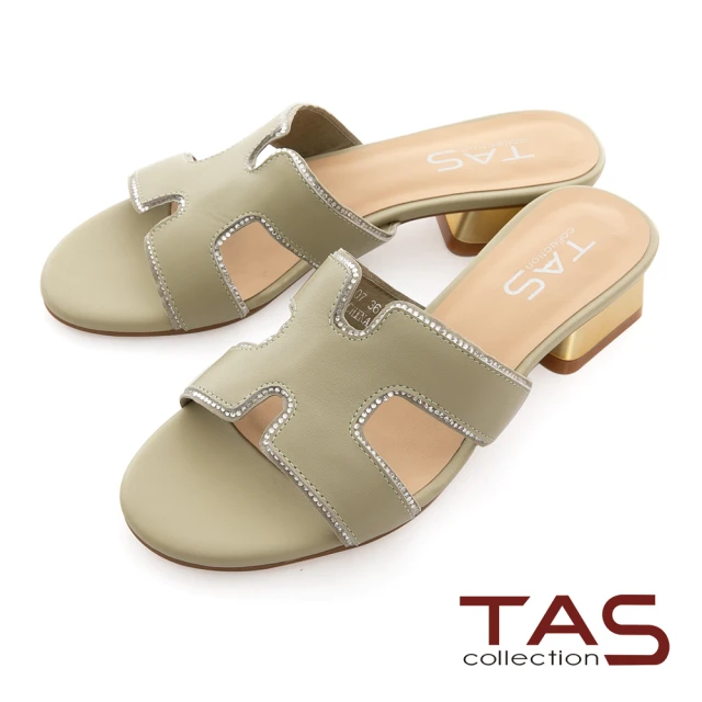 【TAS】鏤空剪裁拼接水鑽粗跟涼拖鞋(薄荷綠)