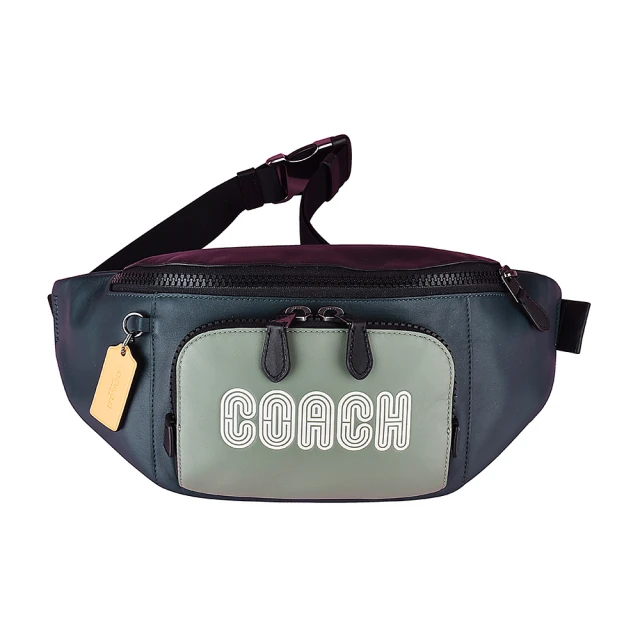 COACH【COACH】COACH TRACK BELT白字造型LOGO多色設計牛皮拉鍊胸腰包(黑x深綠x開心果綠)
