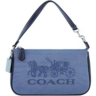 【COACH】馬車單寧織紋拼接手提包-藍色(買就送璀璨水晶觸控筆)