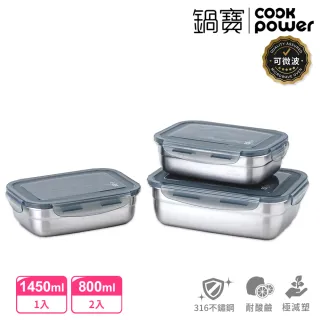 【CookPower 鍋寶】可微波316不鏽鋼保鮮盒巧用3件組(EO-BVS6145GR6801GRZ)