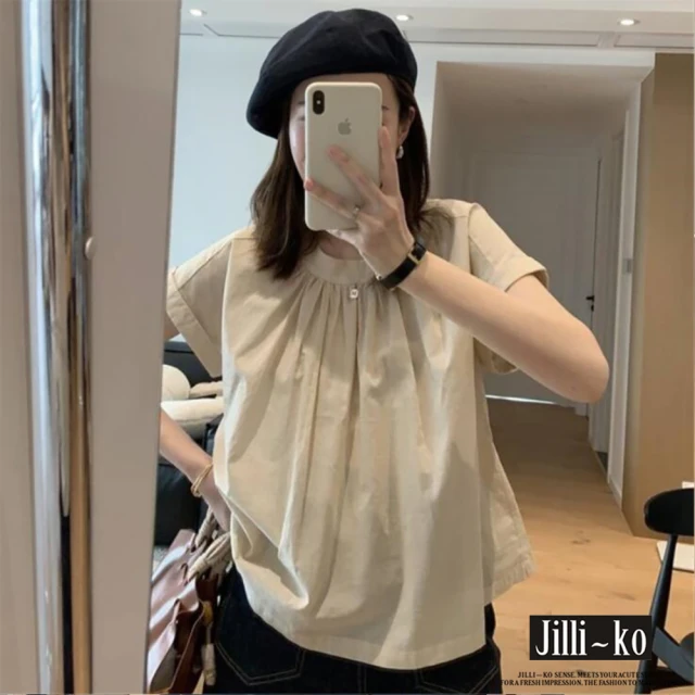 JILLI-KO【JILLI-KO】夏季新款慵懶風氣質甜美減齡圓領娃娃衫-F(杏)