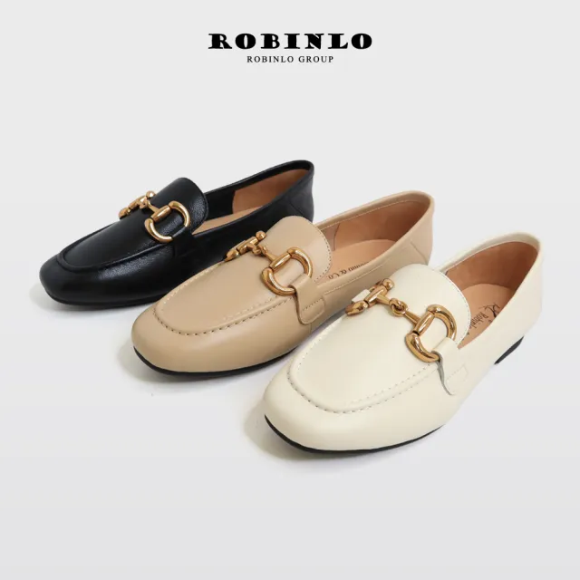 【Robinlo】優雅時光馬銜釦方頭平底樂福鞋LIONEL(黑色/杏色/米白色)