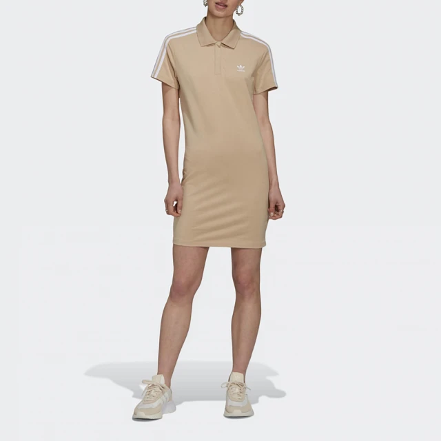 【adidas 愛迪達】洋裝 女款 運動洋裝 長版上衣 三葉草 國際碼 TEE DRESS 奶茶 HM2164