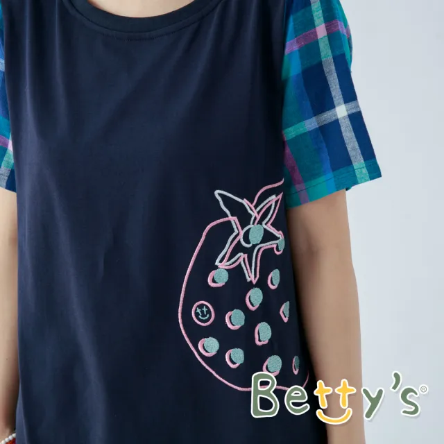 【betty’s 貝蒂思】水果繡線格紋袖T-shirt(藍色)