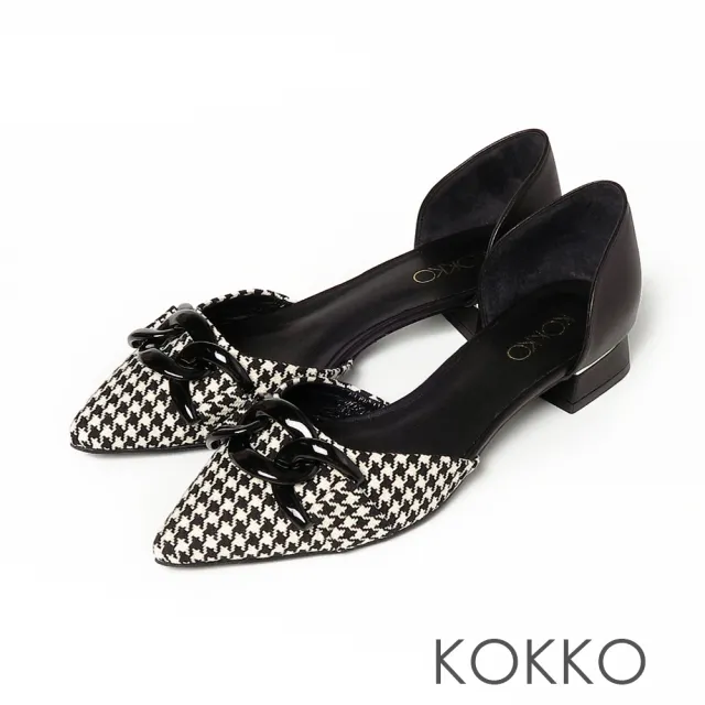 【KOKKO 集團】柔軟手感綿羊皮鎖鍊兩截式尖頭跟鞋(千鳥紋黑)