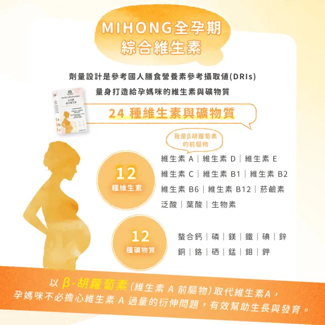 【MIHONG米鴻生醫】全孕期綜合維生素-全孕期適用素食可食-添加益生菌.葉酸.鈣.肌醇 x1盒(60顆 /盒)