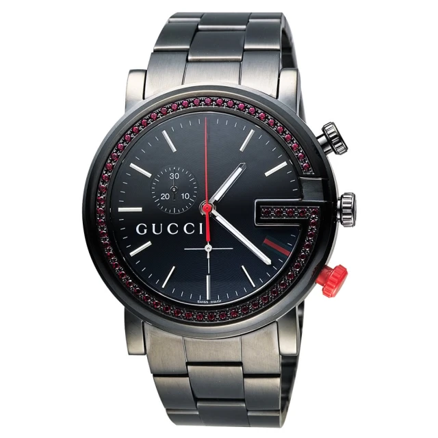 【GUCCI 古馳】G-Chrono 頂尖時尚水晶計時碼腕錶-IP黑x紅水晶框/44mm(YA101348)