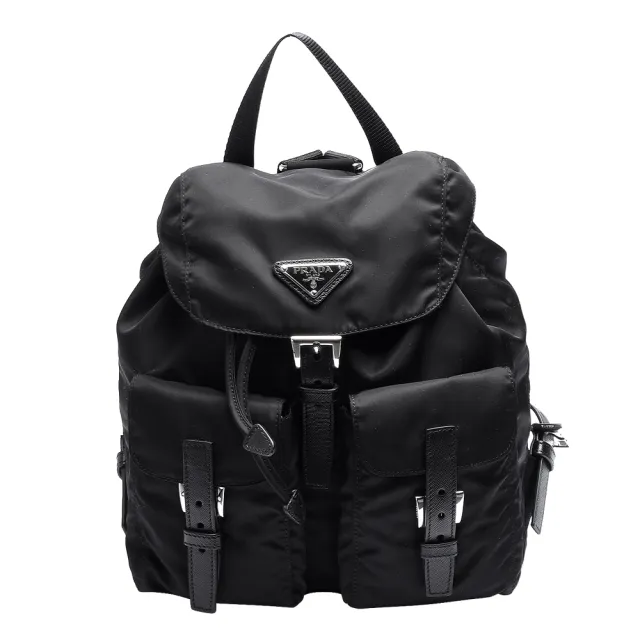 PRADA】經典Saffiano三角LOGO雙口袋穿釦束口尼龍後背包(黑色 PRADA】經典Saffiano三角LOGO雙口袋穿釦束口尼龍後背包(黑色