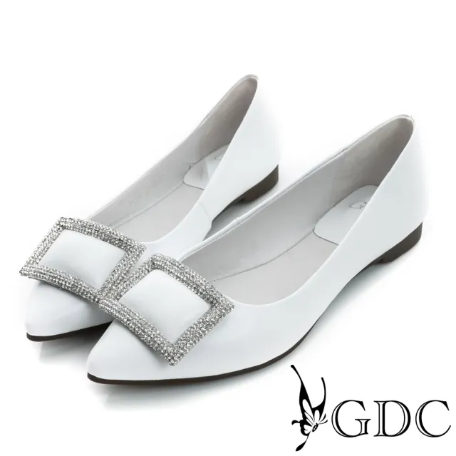 【GDC】時尚都會方形水鑽飾扣真皮平底尖頭娃娃鞋-白色(714910)