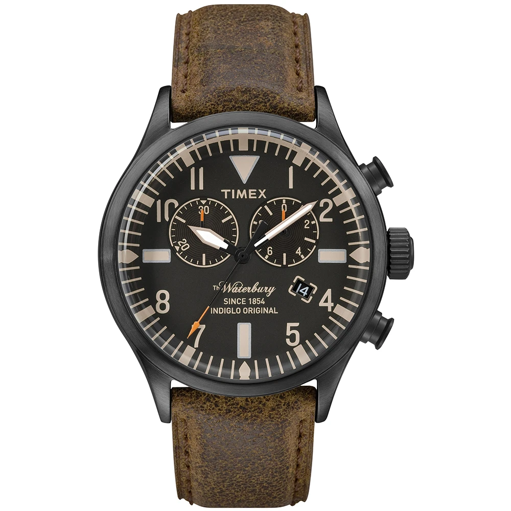 天美時雙眼計時腕錶Waterbury Chronograph系列手錶(黑面/褐色帶 TXT2P64800)