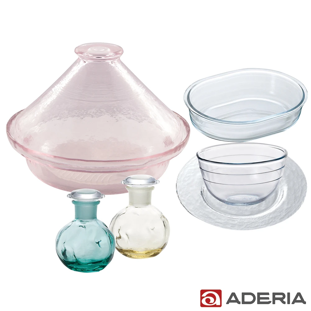 【ADERIA】日本進口透明玻璃塔吉鍋/粉紅(贈廚房用品5件組)