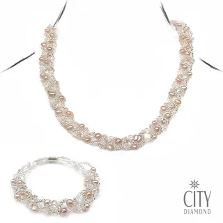 【City Diamond 引雅】粉橘紫珍珠項鍊+珍珠手鍊套組(經典熱賣款)