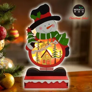 【交換禮物】摩達客-木質製彩繪雪人造型聖誕夜燈擺飾(電池燈)